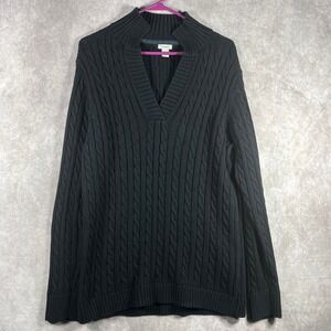 L.L. Bean Sweater Womens Large Black Cable Knit Pullover Heavy Cotton Casual